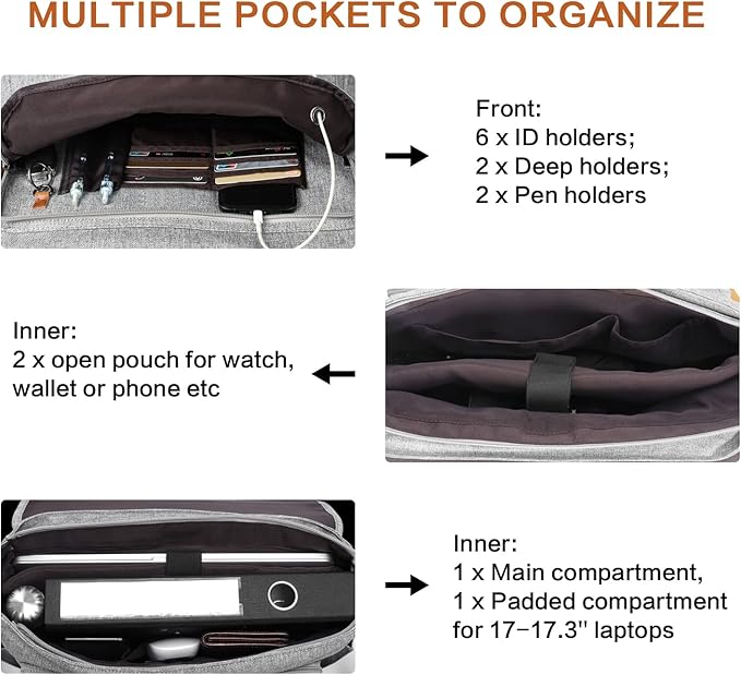 ESTARER Messenger Bag 17-17.3 Inch, Men's Computer Bag Water-resistant Canvas, Laptop Shoulder Bag for Travel Work College, Light Grey