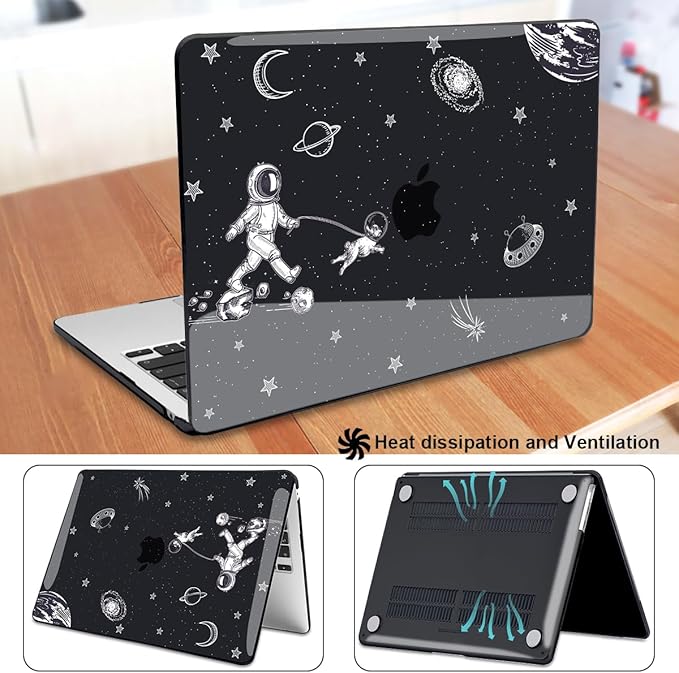 for MacBook Air 13.6 inch Case 2025 2024 2023 2022 Release M4 A3240 M3 A3113 M2 A2681, Black Printed Plastic Hard Shell Case Cover for Mac Air 13.6 M4 Chip Touch ID, Astronauts Space Dog