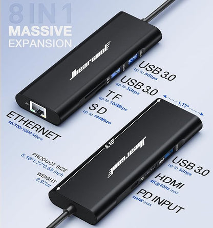 Hiearcool USB C Hub, USBC to 4K@60 Hz HDMI Adapter with 100W PD, 8-in-1 USB-C Dongle Multiport Dock Compatible for MacBook Dell Lenovo HP Laptops-Midnight Black