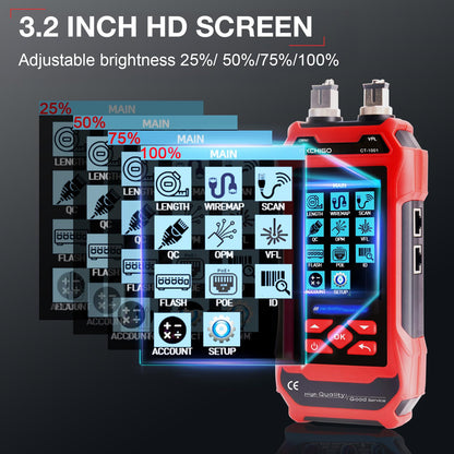 FIXCHIGO 10 in 1 Network Cable Tester with 7 Wavelengths OPM 10Km/10mW VFL 600M Measurable Length 100 Records Tool Kit for CAT5 CAT6 Telephone Ethernet RJ11 RJ45 PoE Wire Tracer NCV, Red