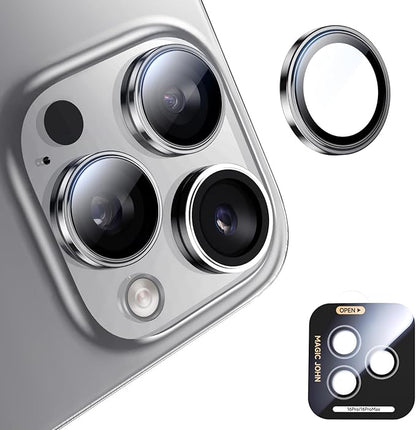MAGIC JOHN for iPhone 16 Pro Max/16 Pro Camera Lens Protector [Alignment Kit&1:1 Invisible Perfect Fit] 9H Aerospace Tempered Glass Anti-Scratch Durable, Individual Cover Ring, Case Friendly, Set of 2, Silver