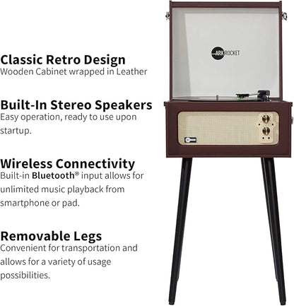 Arkrocket Discovery II 3-Speed Bluetooth Record Player Retro Console Turntable with Built-in Speakers and Removable Legs (Brown)