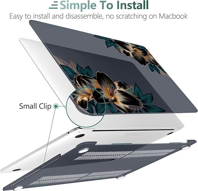 MEEgoodo Case for MacBook Pro 13 inch, Laptop Hard Shell with Keyboard & Camera Cover, Golden Lilies
