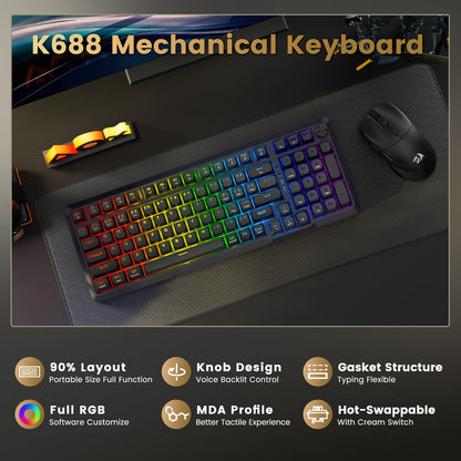Redragon Wireless Mechanical Keyboard, 3 Mode Gasket Mounted RGB Gaming Keyboard with Volume Knob, Pre-Lubed Linear Switches, MDA-Profile, 98 Keys Hot Swappable Creamy Keyboard for PC/Tablet/Xbox/PS4