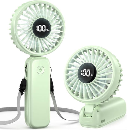 Portable Handheld Fan, 5000mAh Rechargeable Battery, Max 15H Cooling, 4 Speeds, LED Display, Foldable Design, 3-IN-1 Personal Pocket Fan with lanyard for Travel Outdoors Makeup Concert Commute