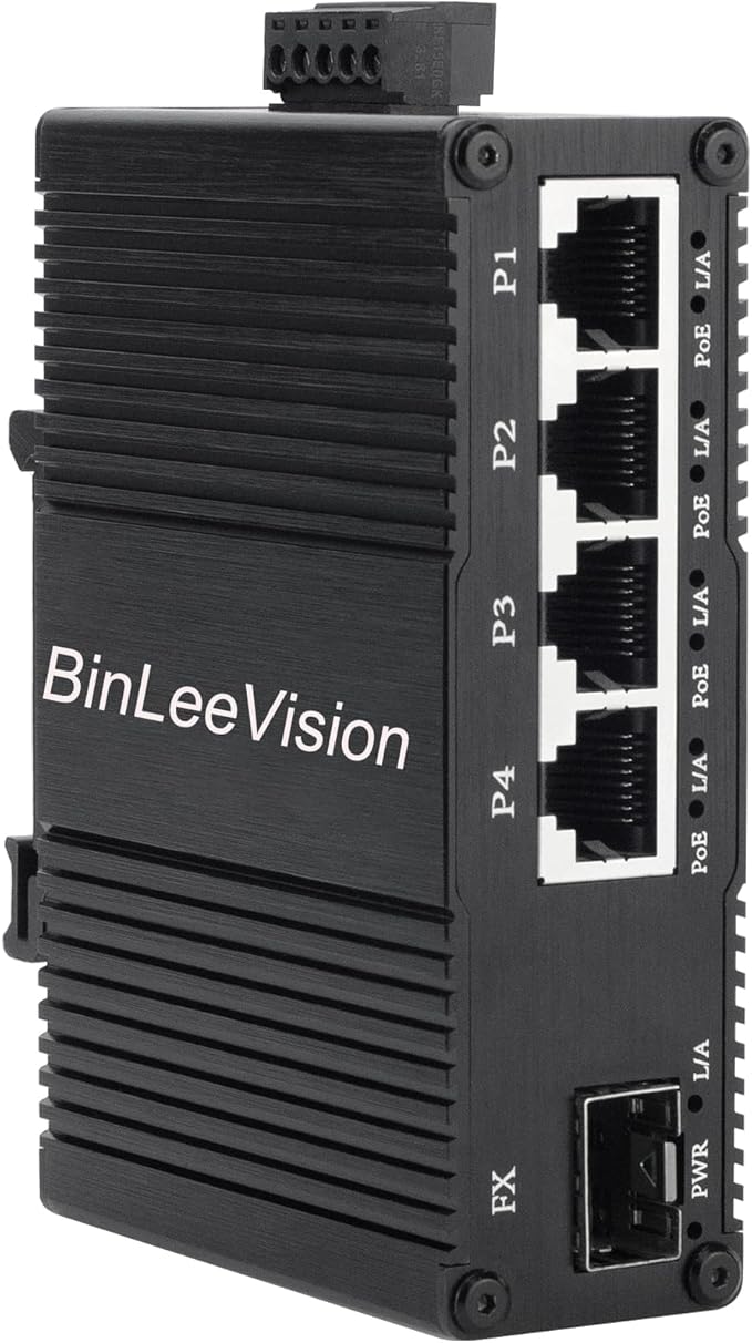 Industrial Mini Gigabit Ethernet Switch 4-Port RJ45 10/100/1000BASE-T+1-Port SFP Slot,Unmanaged Network Switch,Network Hub,Dinrail Mount or Wall-Mount,Plug & Play,Fanless (4 RJ45+1 SFP with PoE)