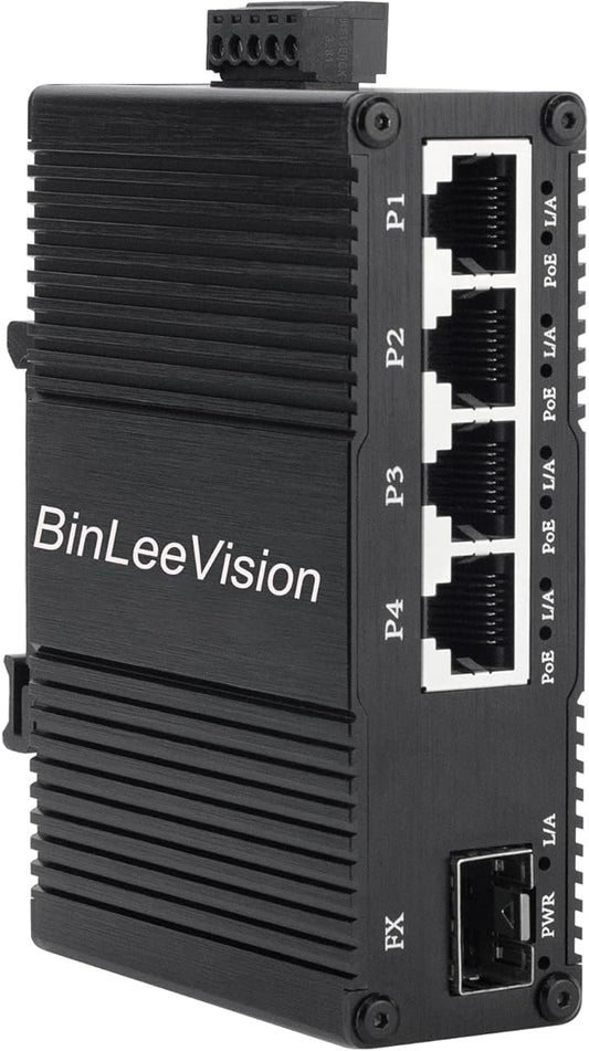 Industrial Mini Gigabit Ethernet Switch 4-Port RJ45 10/100/1000BASE-T+1-Port SFP Slot,Unmanaged Network Switch,Network Hub,Dinrail Mount or Wall-Mount,Plug & Play,Fanless (4 RJ45+1 SFP with PoE)