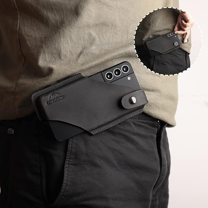Topstache Leather Belt Phone Pouch for Galaxy S25/S24 Ultra & Plus - Belt Clip & Loop Cell Phone Holster for iPhone 17/16 Pro Max & Plus - Magnetic Closure Leather Case Holder, L,Black