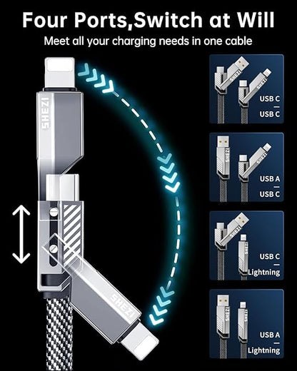 SHEZI [Upgraded 2.0] 4-in-1 USB C Cable 240W 5FT [Fast Charging & Data Sync] Flat Nylon Braided Multi Charger Cord Wire Combo with L/USB C/A Port for iPhone/iPad & All Devices