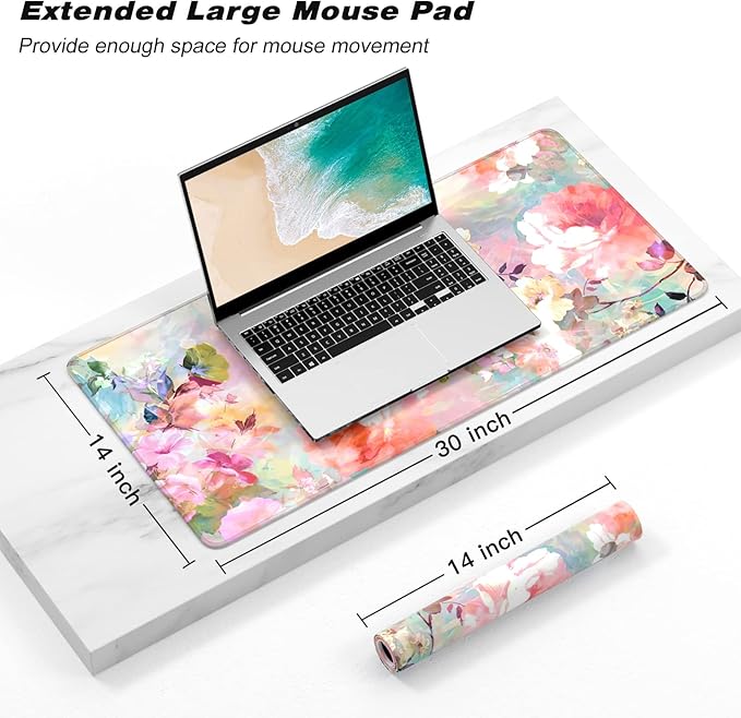 Extended Gaming Mouse Pad, XXL Large Desk Pad 30 x 14 Inch, Big Computer Keyboard Mousepad, Waterproof Mouse Mat with Stitched Edges and Non-Slip Base for Women Office Gaming, Flower