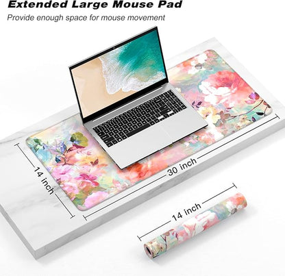Extended Gaming Mouse Pad, XXL Large Desk Pad 30 x 14 Inch, Big Computer Keyboard Mousepad, Waterproof Mouse Mat with Stitched Edges and Non-Slip Base for Women Office Gaming, Flower