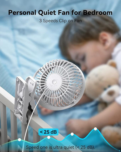 GEHEN Small Clip on Fan, 3-Speed Fan with Strong Airflow, USB-Powered Clip & Desk Fan with Sturdy Clamp, Ultra Quiet for Office Dorm Bedroom Stroller