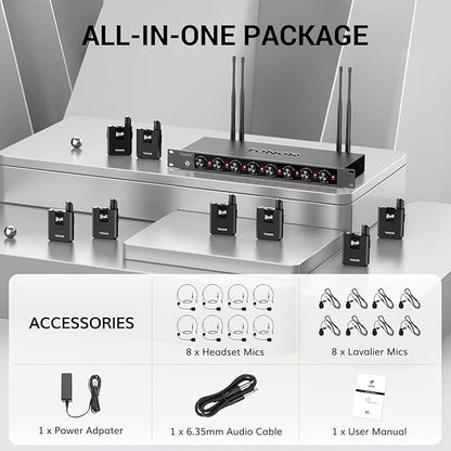 TONOR Wireless Microphones System with 8x12 Channels Headset/Lavalier Lapel Mics, Bodypack Transmitter, Receiver, 295ft UHF Range for Church Conference Performance Singing Karaoke PA Speaker Mixer