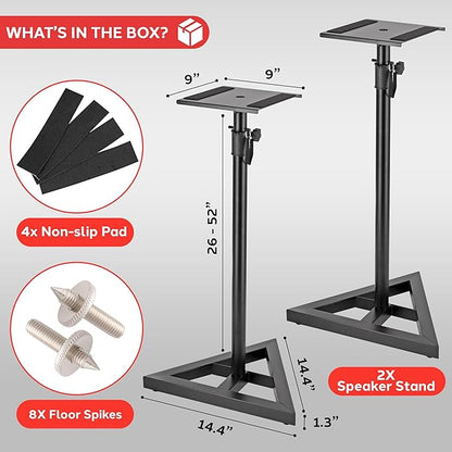 Pyle Speaker Stand Pair of Sound - Play 1 and 3 Holder, Telescoping Height Adjustable from 26” - 52” Inch, High Heavy Duty Three-point Triangle Base w/ Floor Spikes and 9” Square Platform, Black