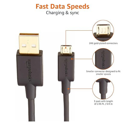 Amazon Basics 3-Pack USB-A to Micro USB Charging Cable, 480Mbps Transfer Speed with Gold-Plated Plugs, USB 2.0, 3 Foot, Black