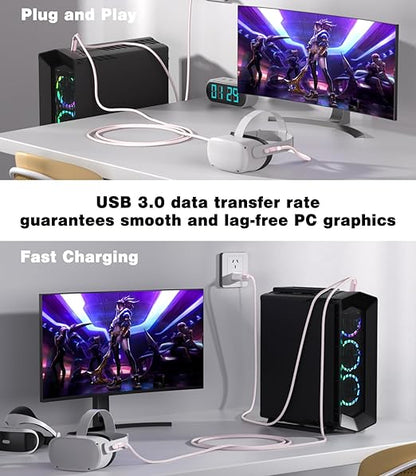 16FT VR Charging Link Cable | USB 3.0 High-Speed Data & Charge for Meta Quest 3S/3/2/Pro, Pico 4 and PC/SteamVR USB-C Charger Cord for VR Headset - Pink