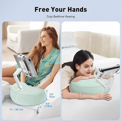 AboveTEK Tablet Pillow Stand for Bed, Hands-Free 360° Adjustable iPad Pillow Holder for Lap Reading w/Soft Bean Bag, Ideal Gift for Mom, Fits 4.7" to 12.9" Tablet, Phone, Kindle - Cyan
