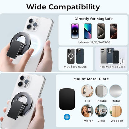 Dual-Side for Magsafe Phone Grip with Magnetic Phone Stand, Magnet Ring Holder for iPhone 16/15/14/13/12 Pro Max Series Magsafe Case, Strong Magnetic Car Mount, Gym Phone Holder