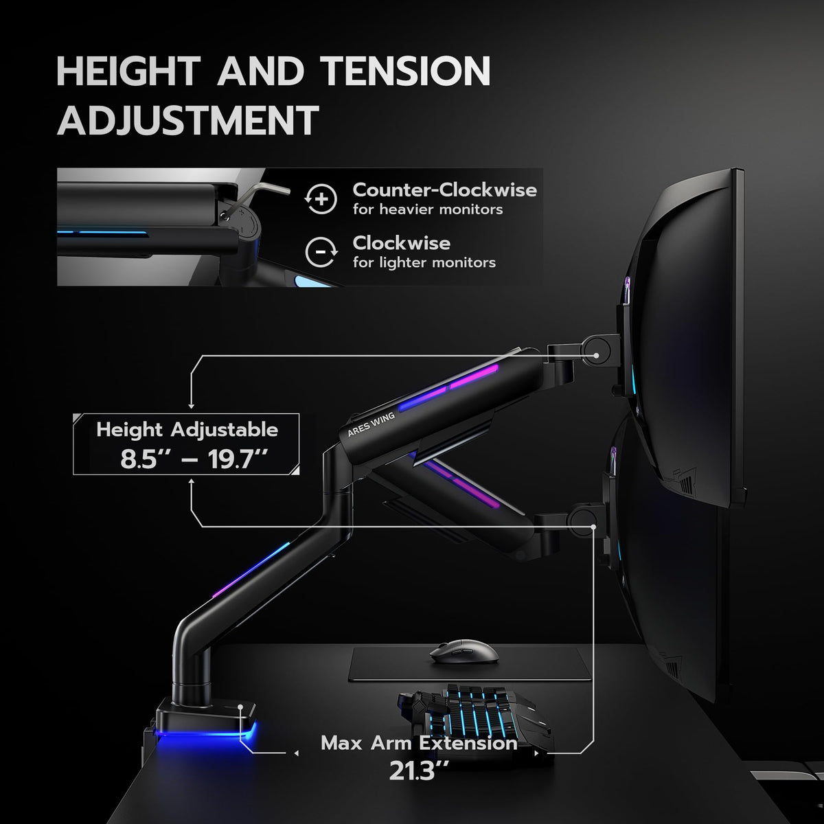 ARES WING Ultrawide Monitor arm with RGB for 17-49 Inch Screen, Black