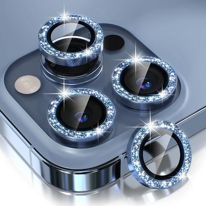 Choiche [3+1 for iPhone 13 Pro/iPhone 13 Pro Max Camera Lens Protector Bling, 9H Tempered Glass Camera Cover Screen Protector Metal Ring Decoration Accessories (Glitter-Sierra Blue)