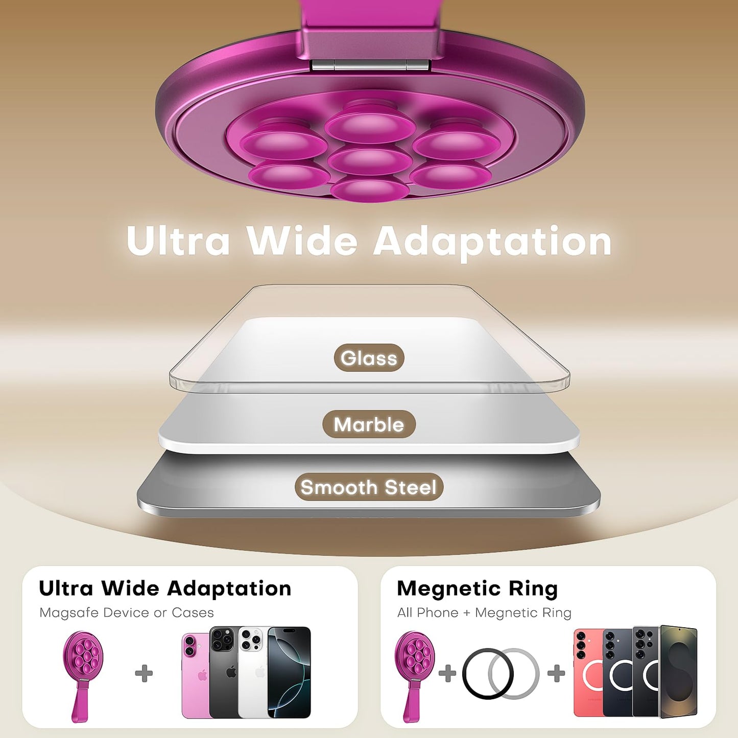 TAURI for Magsafe Suction Phone Grip - Universal Magnetic Suction Grip, 360° Rotating Hands-Free Holder, Silicone Suction Grip for iPhone 17 Pro Max/16/Android/S25,Hot Pink
