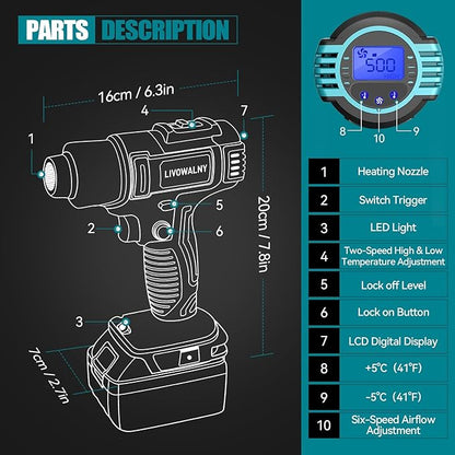 LIVOWALNY Cordless Heat Gun Compatible with Makita 18V Battery: LCD Digital Display - 350W 122℉-1022℉ Adjustable Portable Battery Powered Hot Air Gun for Shrink Tubing Crafts Vinyl Wrap (No Battery)