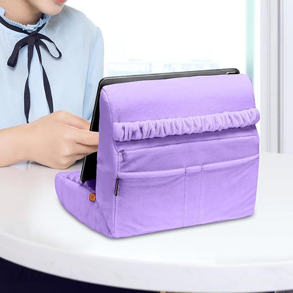 MOSISO Tablet Pillow Stand,Soft Tablet Holder for Lap,Tablet Soft Pad Dock with Pockets&Stylus Slot&4 Viewing Angles Compatible with iPad Pro 12.9,11,10.5,9.7,Air Mini 6,5,4,3, E-Reader, Purple