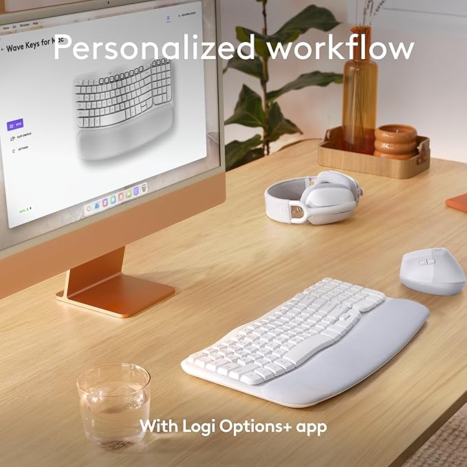 Logitech Wave Keys for Mac, Wireless Ergonomic Keyboard with Cushioned Palm Rest, Comfortable Natural Typing, Bluetooth Keyboard, Easy-Switch, Optimized for Mac, Apple, iPad - Off White