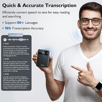 AI Voice Recorder with Transcribe Summarize: Note Voice Recorder with APP Control, 30H Continuous Recording, 64GB Memory Support 100+ Languages, AI Recorder for Calls, Lectures, Meetings