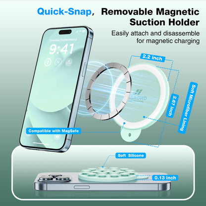 HSAOHD Magnetic Suction Cup Phone Mount, Compatible with MagSafe, Silicone Octo Cup Buddy Sticky Grip Holder for iPhone and Android, Removable Hands-Free Selfie/Video for TikTok, Mint Green