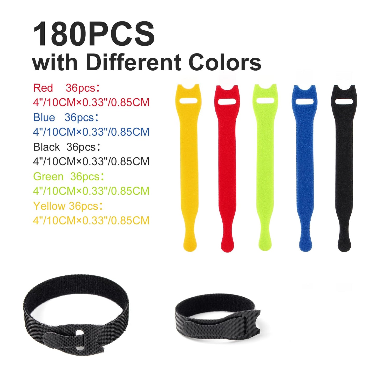 OneLeaf 180Pcs Reusable Cable Ties with Hook and Loop, 4 Inch Wire Ties