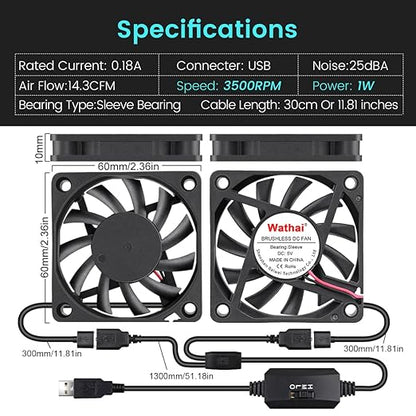 2 Packs Wathai 60mm x 10mm USB Computer Fan 5V with Speed Control DC Brushless Cooling Fans for Charger PC Case Router Raspberry Pi Radiator Cooler Ventilation