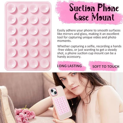 2 Pack Silicone Suction Phone Case Mount, Silicon Adhesive Phone Grip for Smartphones, Hands-Free Mirror Shower Phone Holder for Selfies, Tiktok Videos (LightPink&Translucent)