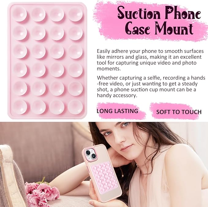 Silicone Suction Phone Case Mount, Non Slip Sticky Phone Grip for Cellphone, Silicon Adhesive Suction Cup Phone Mount, Strong Grip Holder for Selfies and Videos (Pink)