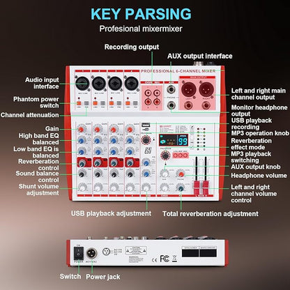 MW-6 6 Channel Professional DJ Audio Mixer, Portable Controller Mixer with DSP 99 Preset Effects for Live Streaming, Podcasting, Family Party (mw-6 white)