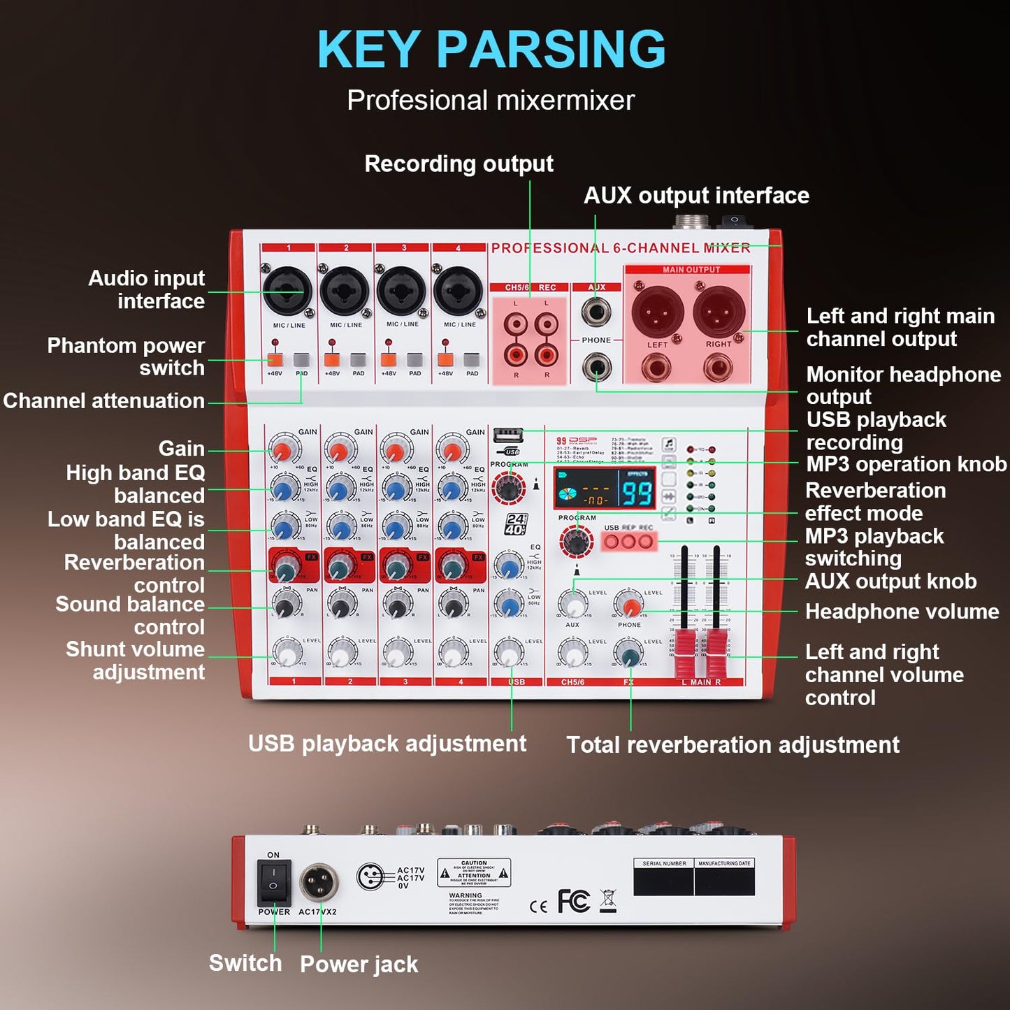 Yamnweo MW-6 White 6 Channel Professional DJ Audio Mixer, Portable Controller Mixer with DSP 99 Preset Effects for Live Streaming, Podcasting, Family Party, Music Recording