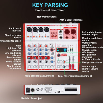 Yamnweo MW-6 White 6 Channel Professional DJ Audio Mixer, Portable Controller Mixer with DSP 99 Preset Effects for Live Streaming, Podcasting, Family Party, Music Recording