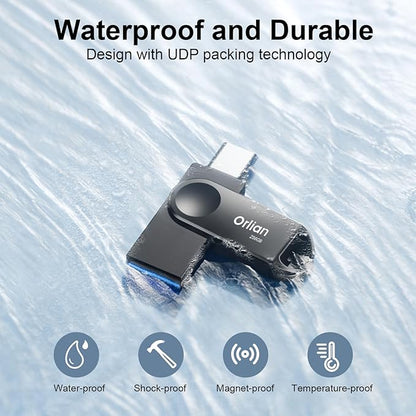 256GB USB-C & USB-A Dual Flash Drive, Waterproof, Metal, Slim Thumb Drive, OTG for PC, Smartphone, Tablet