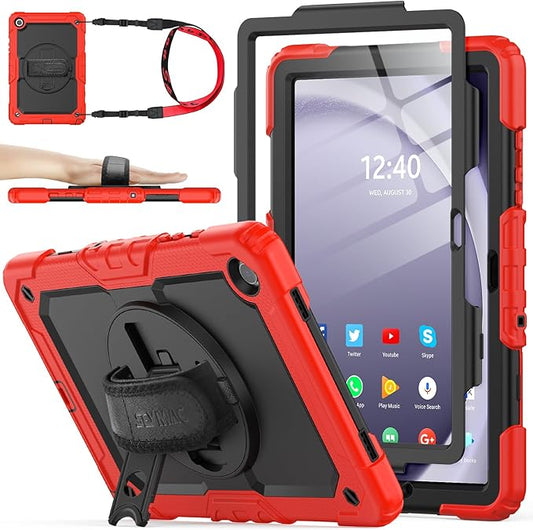 SEYMAC stock Case for Samsung Galaxy Tab A11+ Plus/A9+ Plus 11'', Full-Body Drop Protection Case with Screen Protector Pencil Holder [360° Rotating Hand Strap] &Stand, Red+Black