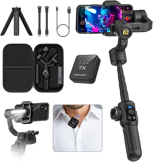 S2 Mic Smartphone Gimbal Stabilizer w/Wireless Lavalier Microphone, Built-in 18cm Extension Rod & Fill Light, Professional 3-Axis Gimbal for iPhone & Android for Video Recording