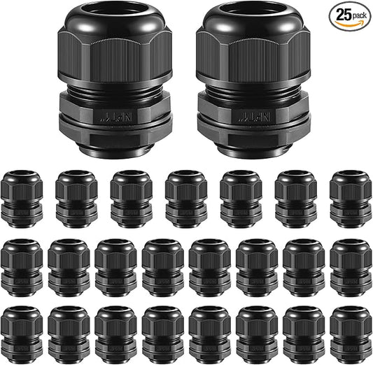 RTHIEAI 25 PCS 1"(17-25mm) NPT Nylon Cable Gland Joints with Gaskets, IP68 Adjustable Lock Nut Strain Relief Cord Grip Waterproof Cable Glands - UL Listed and RoHS Compliant