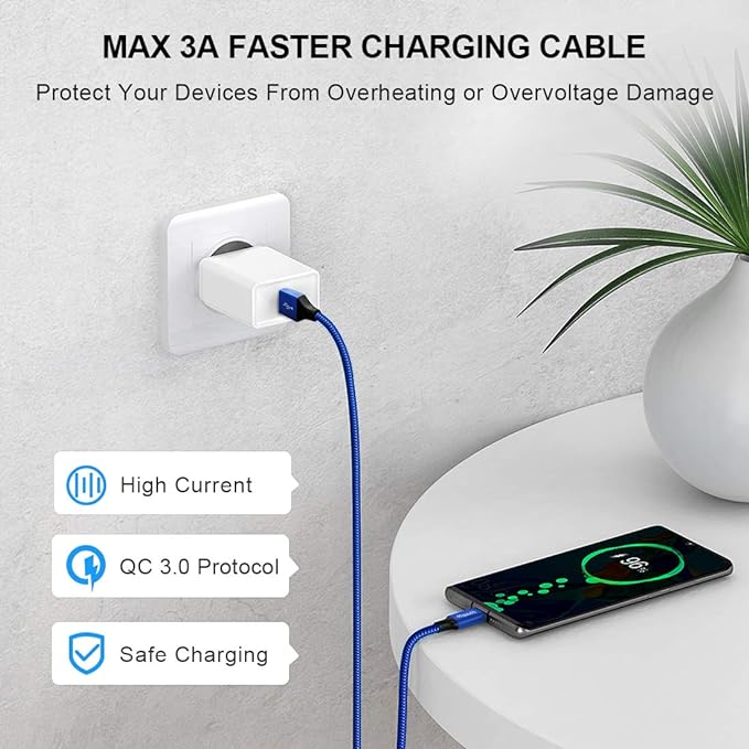 etguuds 6ft USB A to USB C Cable 3A Fast Charging, 2-Pack USB A to USB Type C Charger Cord for iPhone 16 15 Pro/Pro Max/Plus, for Samsung Galaxy S24 S23 S22 S21 S20 S10 A55 A54 Flip Note, Moto, Blue