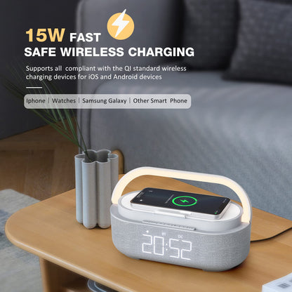 Bluetooth Speaker Alarm Clock & Wireless Charger for Bedside, Home, Office