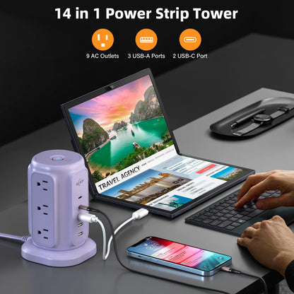 AiJoy Power Strip Tower with 9 AC Outlets and 5 USB Ports Charging Station