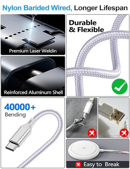 4-in-2 Charging Cable for Apple Watch Charger/Samsung/iPhone Charger,Car/Office/Camping/Travel Essentials,Type C Cable Multi Cord for iWatch Ultra/10-2/iPhone 16-11/Samsung S25-S20,iPad,airPods-Purple