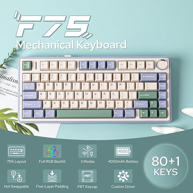 EPOMAKER x Aula F75 Gasket Mechanical Keyboard, 75% Wireless Hot Swappable Gaming Keyboard with Five-Layer Padding&Knob, Bluetooth/2.4GHz/USB-C, RGB (Green, Crescent Switch)