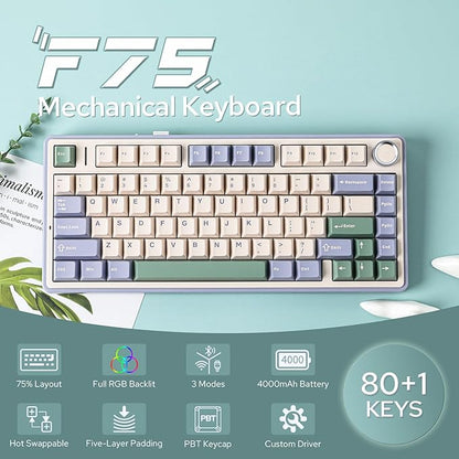 EPOMAKER x Aula F75 Gasket Mechanical Keyboard, 75% Wireless Hot Swappable Gaming Keyboard with Five-Layer Padding&Knob, Bluetooth/2.4GHz/USB-C, RGB (Green, Crescent Switch)