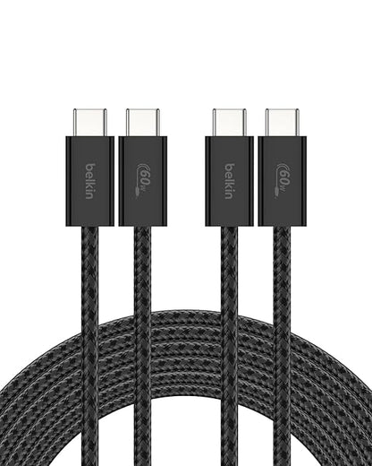Belkin USB C to USB C Cable 2-Pack, 9.9ft, 60W - Type C Charger, iPhone Charger Cord, Soft, Braided, Flexible for iPhone 16, Galaxy S25, Pixel 9, Airpods, iPad Pro & More, Travel Essentials - Black