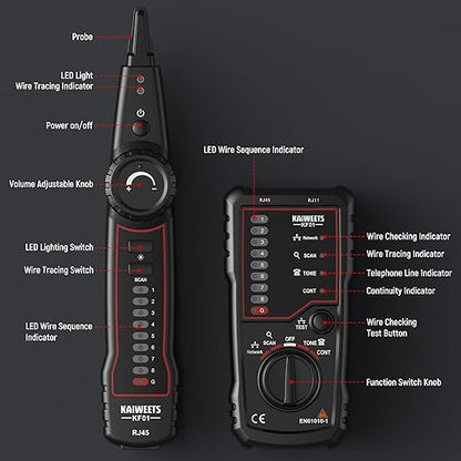 KAIWEETS Network Cable Tester, RJ45 RJ11 Wire Tracer Line Finder, Tone Generator and Probe Kit, Cable Tracer Ethernet LAN Network Cat5 Cat6 for Cable Collation, Telephone Line Test