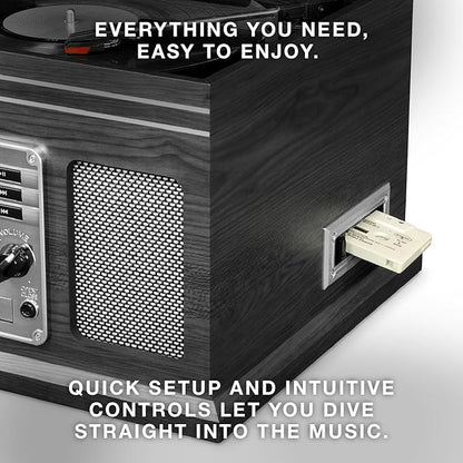 Victrola The Quincy 6-in-1 Bluetooth Record Player & Multimedia Center with Built-in Speakers – 3-Speed Turntable, CD & Cassette Player, AM/FM Radio, Wireless Music Streaming (Mahogony)